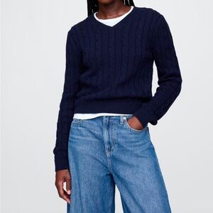 Navy Cable Knit V-Neck Sweater NEW